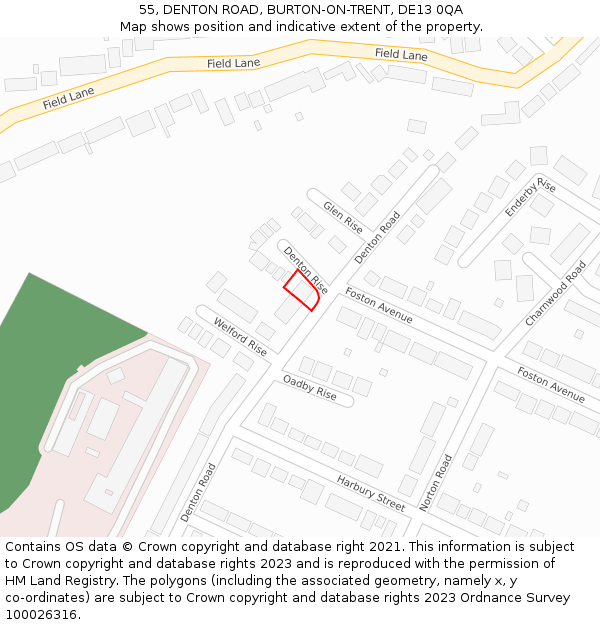 55, DENTON ROAD, BURTON-ON-TRENT, DE13 0QA: Location map and indicative extent of plot