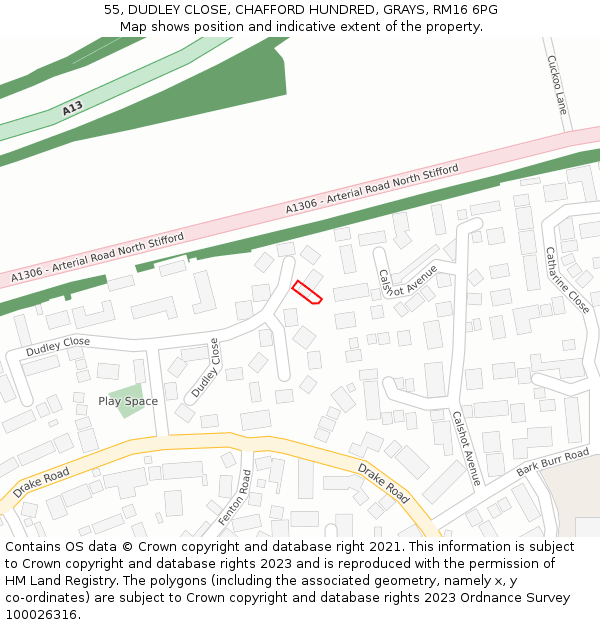 55, DUDLEY CLOSE, CHAFFORD HUNDRED, GRAYS, RM16 6PG: Location map and indicative extent of plot