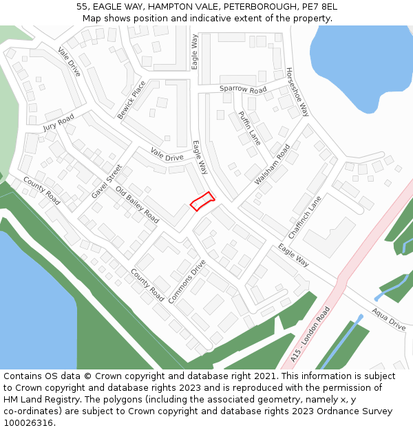 55, EAGLE WAY, HAMPTON VALE, PETERBOROUGH, PE7 8EL: Location map and indicative extent of plot