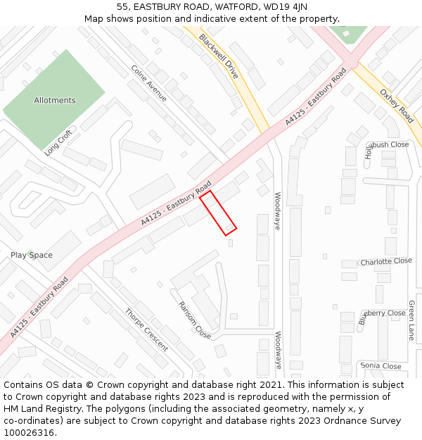 55, EASTBURY ROAD, WATFORD, WD19 4JN: Location map and indicative extent of plot