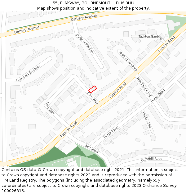 55, ELMSWAY, BOURNEMOUTH, BH6 3HU: Location map and indicative extent of plot