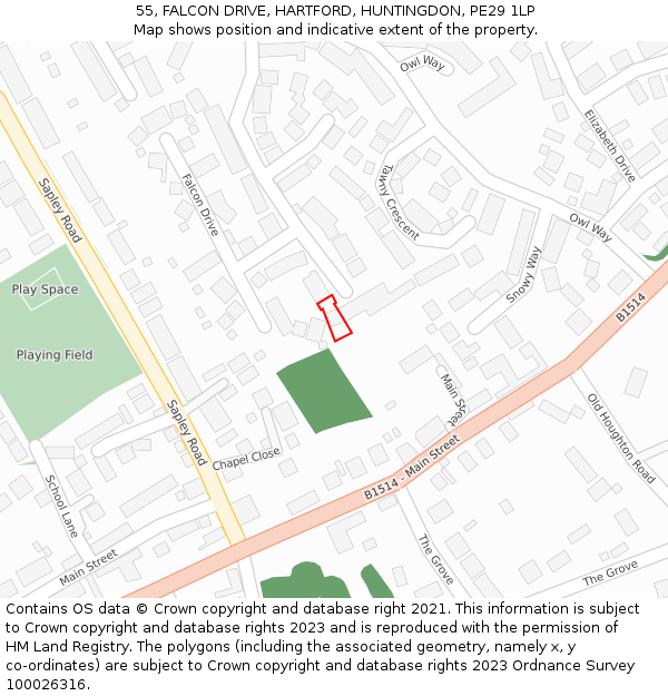 55, FALCON DRIVE, HARTFORD, HUNTINGDON, PE29 1LP: Location map and indicative extent of plot