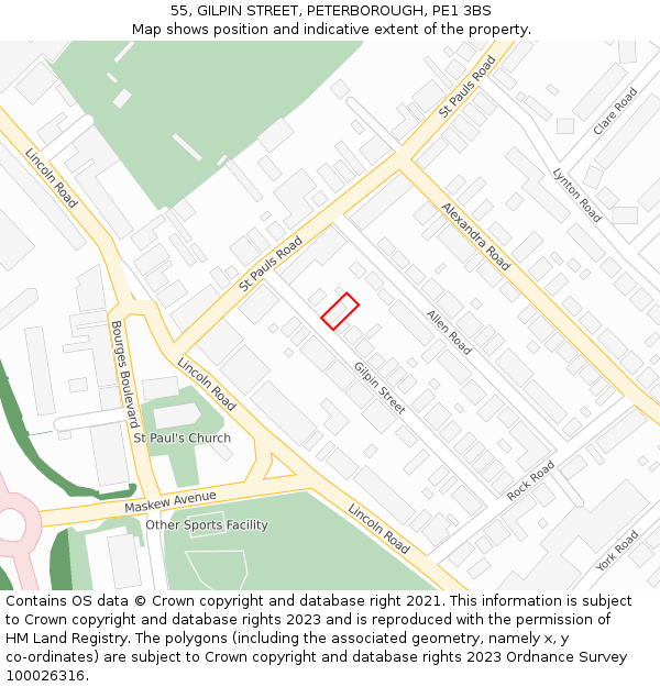 55, GILPIN STREET, PETERBOROUGH, PE1 3BS: Location map and indicative extent of plot