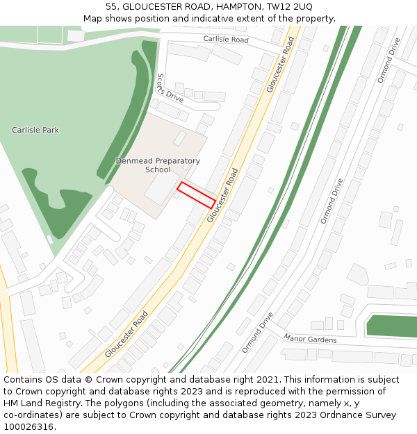 55, GLOUCESTER ROAD, HAMPTON, TW12 2UQ: Location map and indicative extent of plot