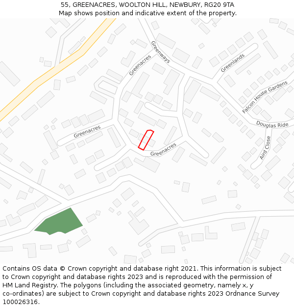 55, GREENACRES, WOOLTON HILL, NEWBURY, RG20 9TA: Location map and indicative extent of plot