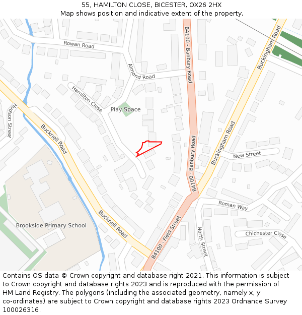 55, HAMILTON CLOSE, BICESTER, OX26 2HX: Location map and indicative extent of plot
