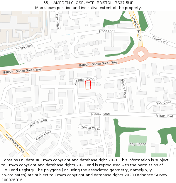 55, HAMPDEN CLOSE, YATE, BRISTOL, BS37 5UP: Location map and indicative extent of plot