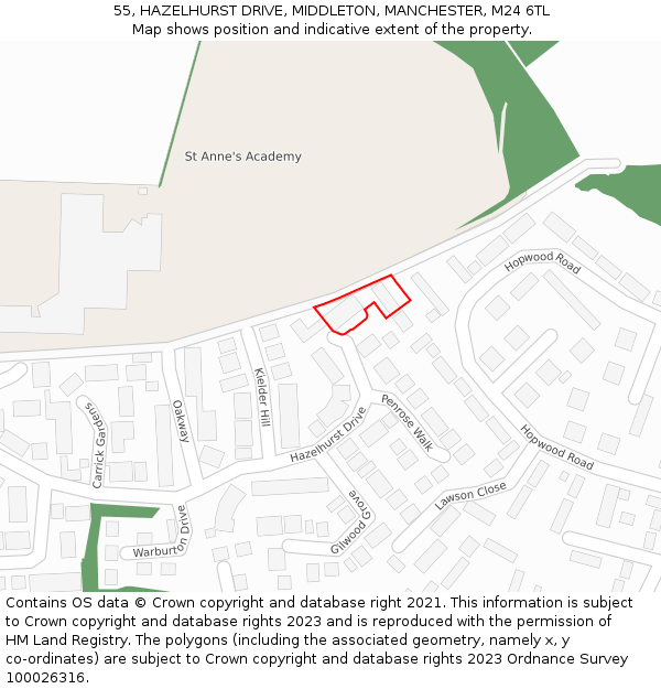 55, HAZELHURST DRIVE, MIDDLETON, MANCHESTER, M24 6TL: Location map and indicative extent of plot