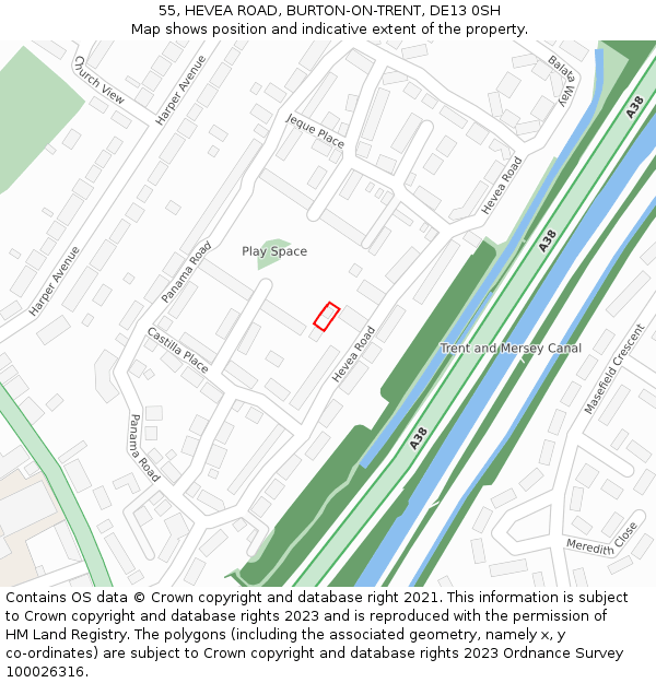 55, HEVEA ROAD, BURTON-ON-TRENT, DE13 0SH: Location map and indicative extent of plot