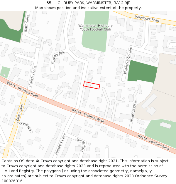 55, HIGHBURY PARK, WARMINSTER, BA12 9JE: Location map and indicative extent of plot