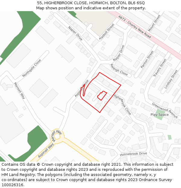 55, HIGHERBROOK CLOSE, HORWICH, BOLTON, BL6 6SQ: Location map and indicative extent of plot