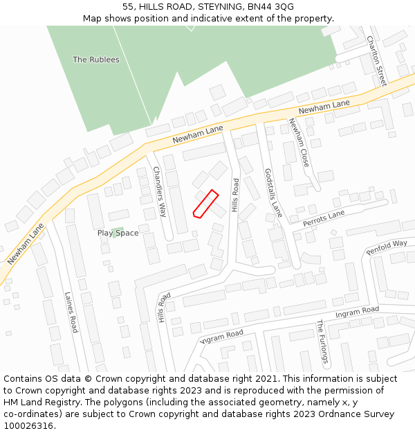 55, HILLS ROAD, STEYNING, BN44 3QG: Location map and indicative extent of plot