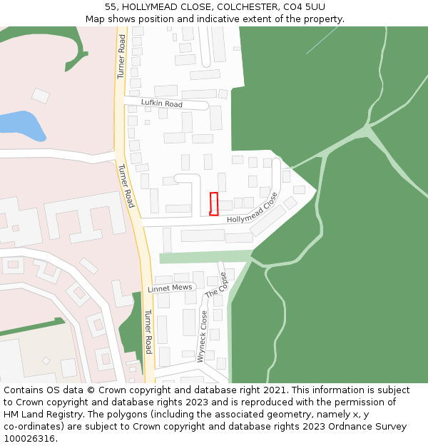 55, HOLLYMEAD CLOSE, COLCHESTER, CO4 5UU: Location map and indicative extent of plot