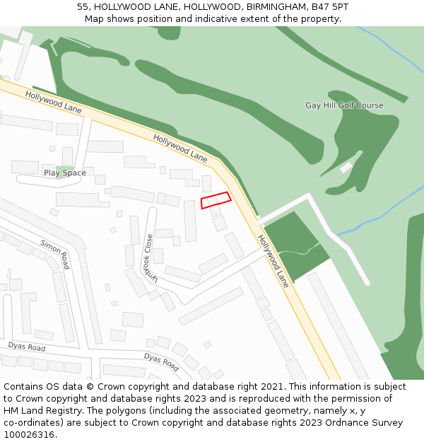 55, HOLLYWOOD LANE, HOLLYWOOD, BIRMINGHAM, B47 5PT: Location map and indicative extent of plot