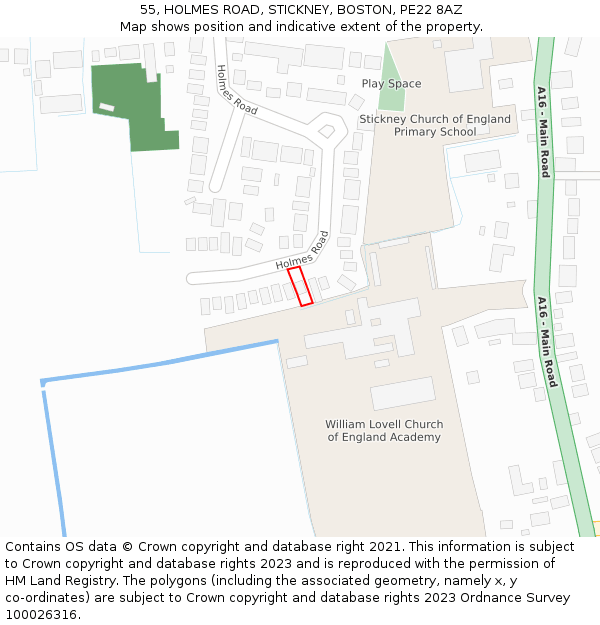 55, HOLMES ROAD, STICKNEY, BOSTON, PE22 8AZ: Location map and indicative extent of plot