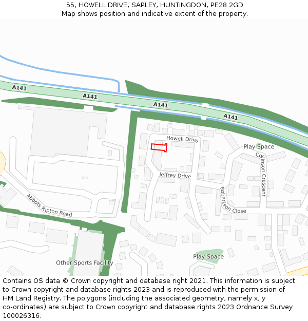55, HOWELL DRIVE, SAPLEY, HUNTINGDON, PE28 2GD: Location map and indicative extent of plot