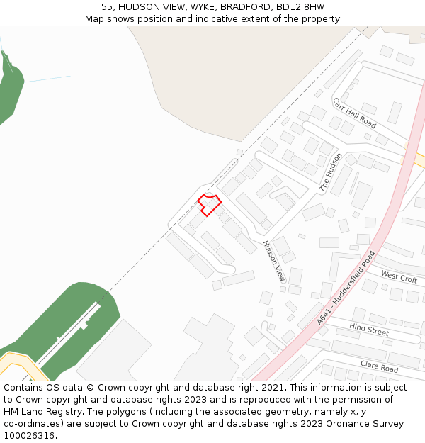 55, HUDSON VIEW, WYKE, BRADFORD, BD12 8HW: Location map and indicative extent of plot