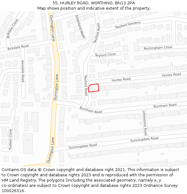 55, HURLEY ROAD, WORTHING, BN13 2PA: Location map and indicative extent of plot