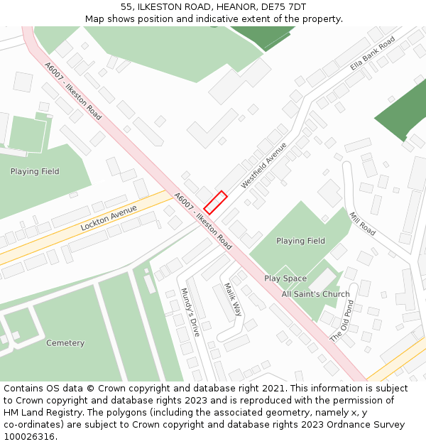 55, ILKESTON ROAD, HEANOR, DE75 7DT: Location map and indicative extent of plot