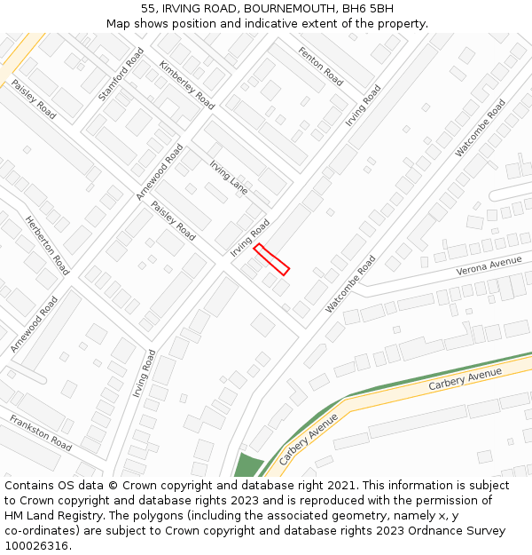 55, IRVING ROAD, BOURNEMOUTH, BH6 5BH: Location map and indicative extent of plot