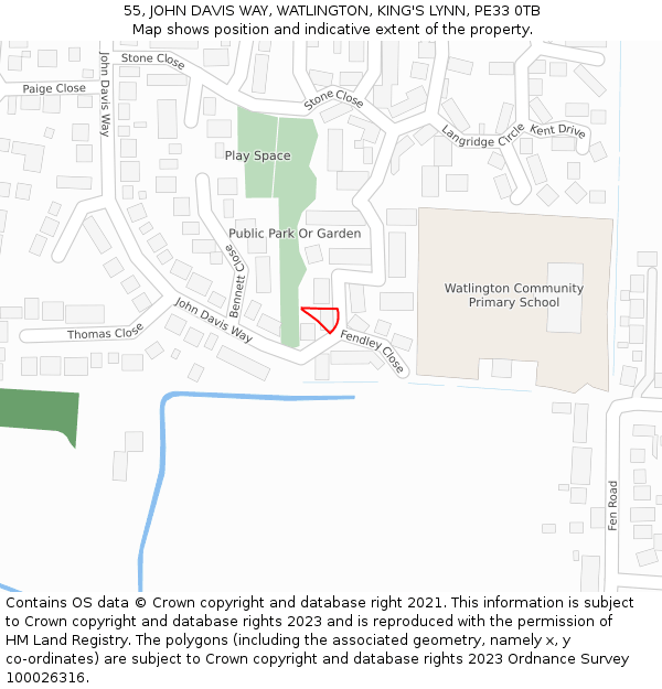 55, JOHN DAVIS WAY, WATLINGTON, KING'S LYNN, PE33 0TB: Location map and indicative extent of plot
