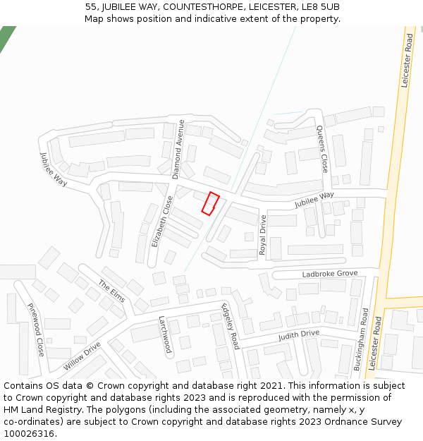 55, JUBILEE WAY, COUNTESTHORPE, LEICESTER, LE8 5UB: Location map and indicative extent of plot