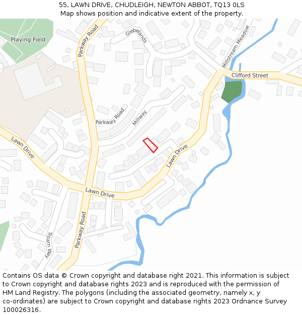 55, LAWN DRIVE, CHUDLEIGH, NEWTON ABBOT, TQ13 0LS: Location map and indicative extent of plot