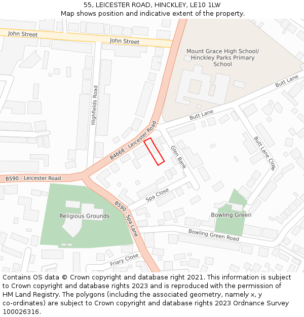 55, LEICESTER ROAD, HINCKLEY, LE10 1LW: Location map and indicative extent of plot