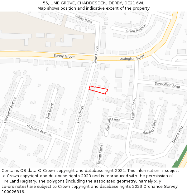55, LIME GROVE, CHADDESDEN, DERBY, DE21 6WL: Location map and indicative extent of plot