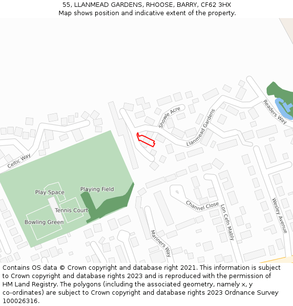 55, LLANMEAD GARDENS, RHOOSE, BARRY, CF62 3HX: Location map and indicative extent of plot