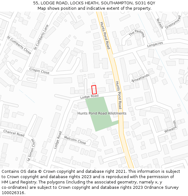 55, LODGE ROAD, LOCKS HEATH, SOUTHAMPTON, SO31 6QY: Location map and indicative extent of plot