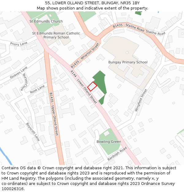 55, LOWER OLLAND STREET, BUNGAY, NR35 1BY: Location map and indicative extent of plot