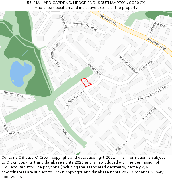 55, MALLARD GARDENS, HEDGE END, SOUTHAMPTON, SO30 2XJ: Location map and indicative extent of plot