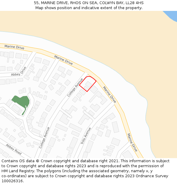 55, MARINE DRIVE, RHOS ON SEA, COLWYN BAY, LL28 4HS: Location map and indicative extent of plot