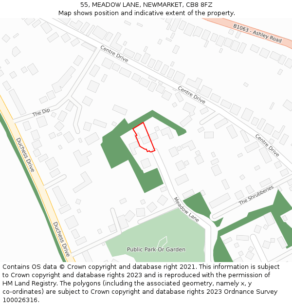 55, MEADOW LANE, NEWMARKET, CB8 8FZ: Location map and indicative extent of plot