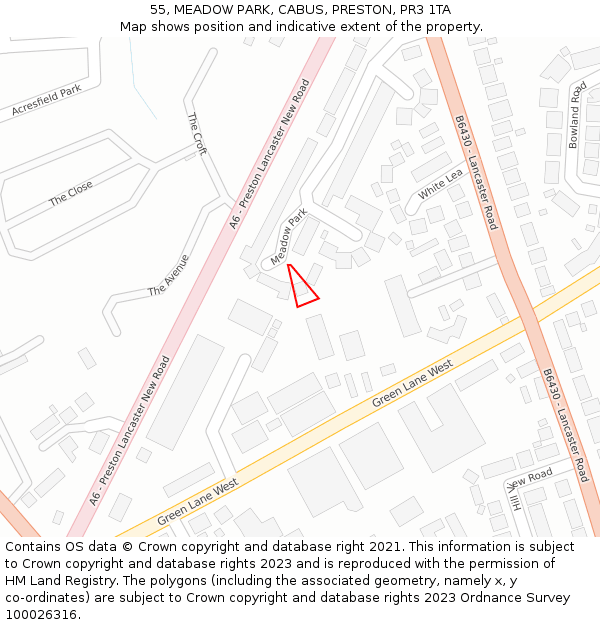 55, MEADOW PARK, CABUS, PRESTON, PR3 1TA: Location map and indicative extent of plot