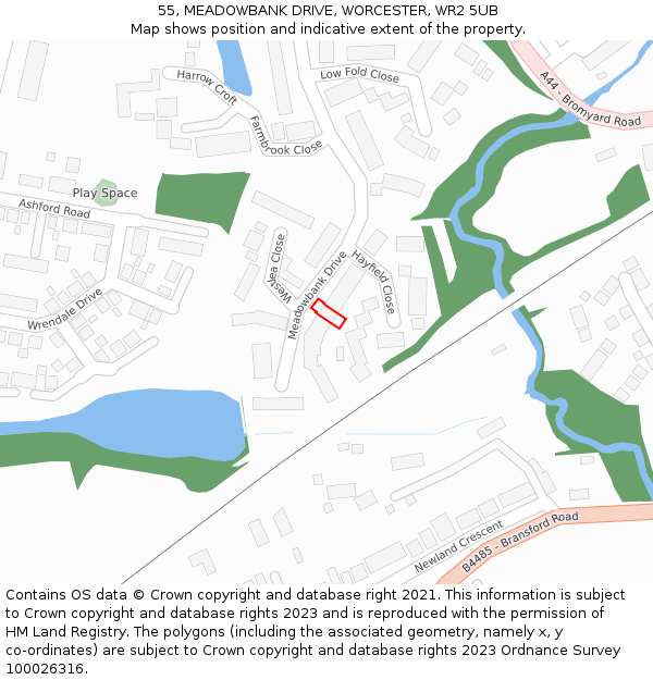 55, MEADOWBANK DRIVE, WORCESTER, WR2 5UB: Location map and indicative extent of plot