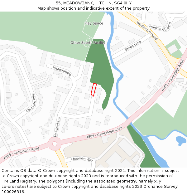 55, MEADOWBANK, HITCHIN, SG4 0HY: Location map and indicative extent of plot