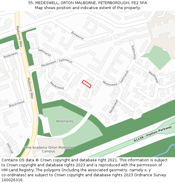 55, MEDESWELL, ORTON MALBORNE, PETERBOROUGH, PE2 5PA: Location map and indicative extent of plot