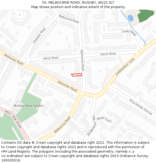 55, MELBOURNE ROAD, BUSHEY, WD23 3LT: Location map and indicative extent of plot