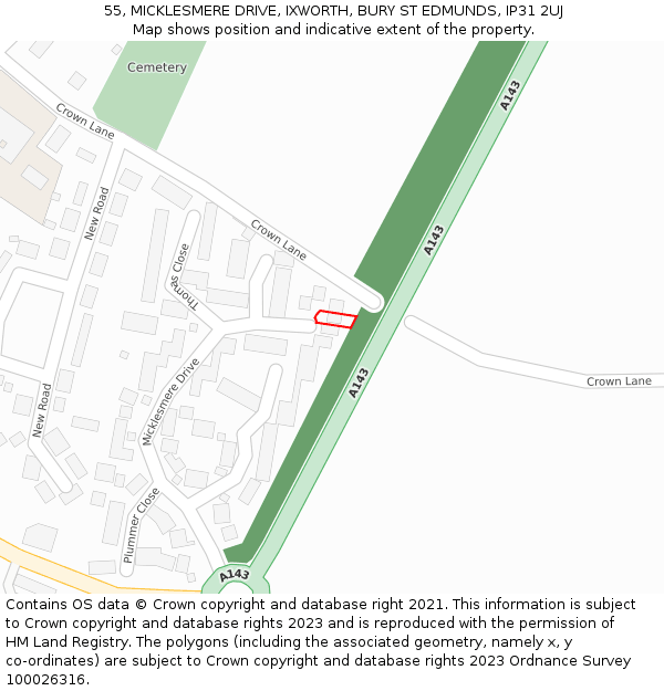55, MICKLESMERE DRIVE, IXWORTH, BURY ST EDMUNDS, IP31 2UJ: Location map and indicative extent of plot