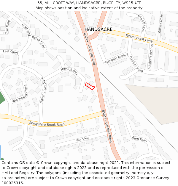 55, MILLCROFT WAY, HANDSACRE, RUGELEY, WS15 4TE: Location map and indicative extent of plot