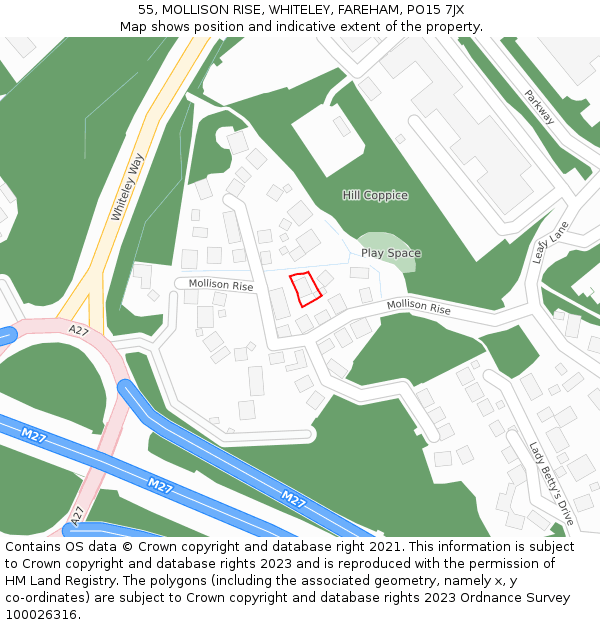 55, MOLLISON RISE, WHITELEY, FAREHAM, PO15 7JX: Location map and indicative extent of plot