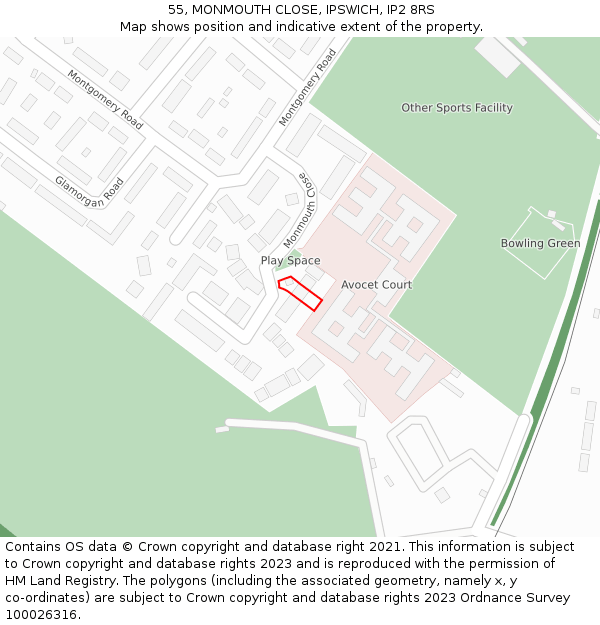 55, MONMOUTH CLOSE, IPSWICH, IP2 8RS: Location map and indicative extent of plot