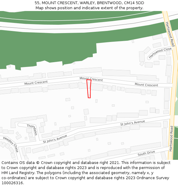 55, MOUNT CRESCENT, WARLEY, BRENTWOOD, CM14 5DD: Location map and indicative extent of plot