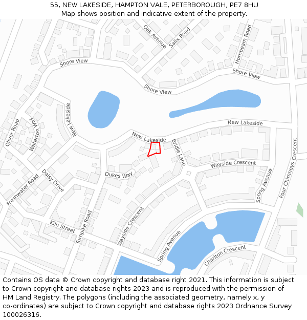 55, NEW LAKESIDE, HAMPTON VALE, PETERBOROUGH, PE7 8HU: Location map and indicative extent of plot
