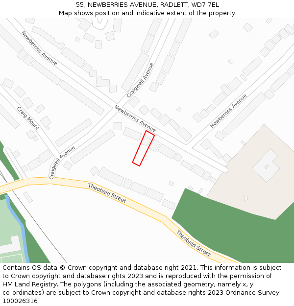 55, NEWBERRIES AVENUE, RADLETT, WD7 7EL: Location map and indicative extent of plot