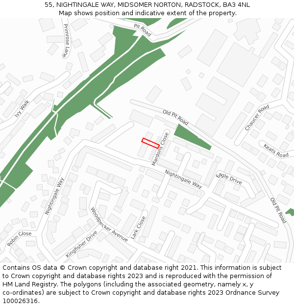 55, NIGHTINGALE WAY, MIDSOMER NORTON, RADSTOCK, BA3 4NL: Location map and indicative extent of plot