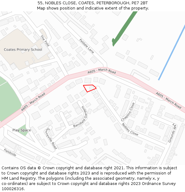55, NOBLES CLOSE, COATES, PETERBOROUGH, PE7 2BT: Location map and indicative extent of plot