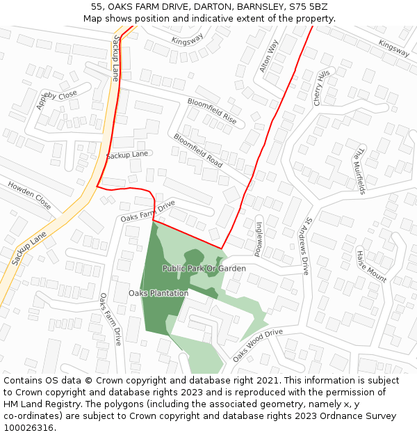 55, OAKS FARM DRIVE, DARTON, BARNSLEY, S75 5BZ: Location map and indicative extent of plot